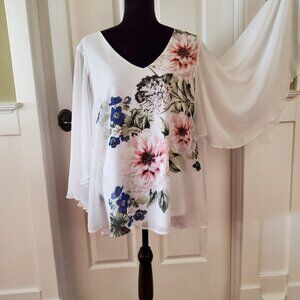 Floral large print watercolor butterfly sleeve v-neck blouse